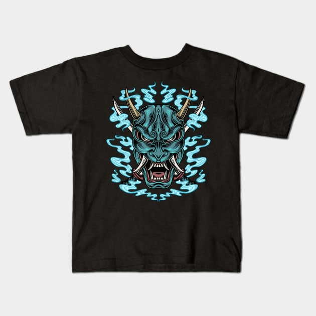 Blue Japanese demon hannya oni mask Kids T-Shirt by twelverius